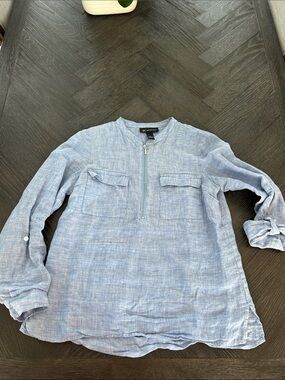 INC Light Blue Linen Half-Zip Shirt Blouse